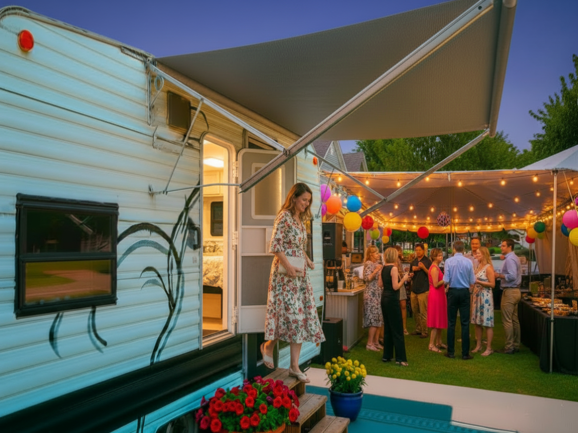 People gathered outdoors during a festive evening event with colorful balloons and string lights, featuring a woman stepping out of a mobile store decorated with flowers.