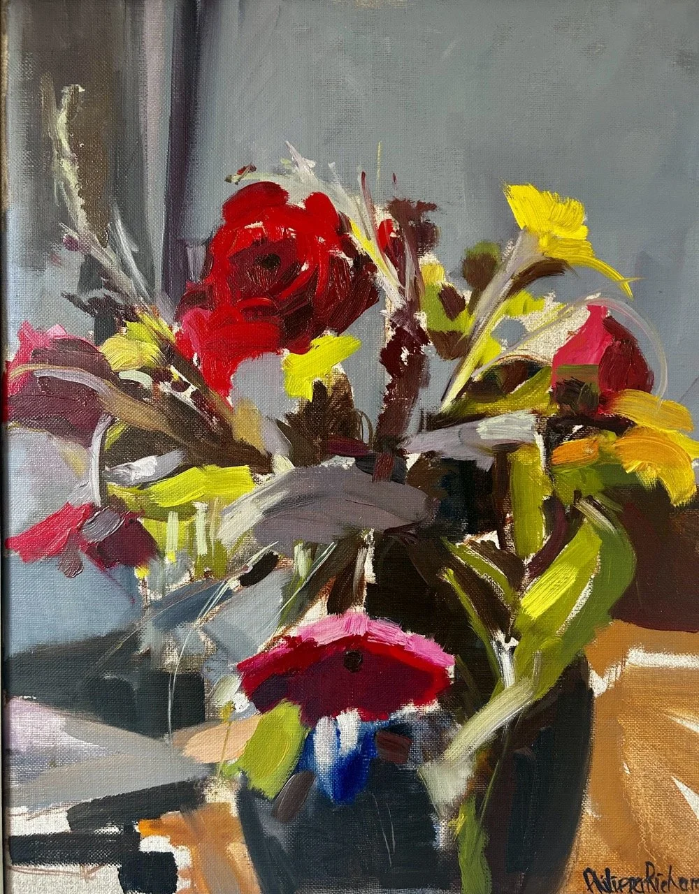 Abstract painting of a colorful vase with flowers by Philippa Richardson, featuring bold red, pink, yellow, and green brushstrokes on a gray background.  Growth Alchemy loves this style as it represents optimism, growth and transformation.