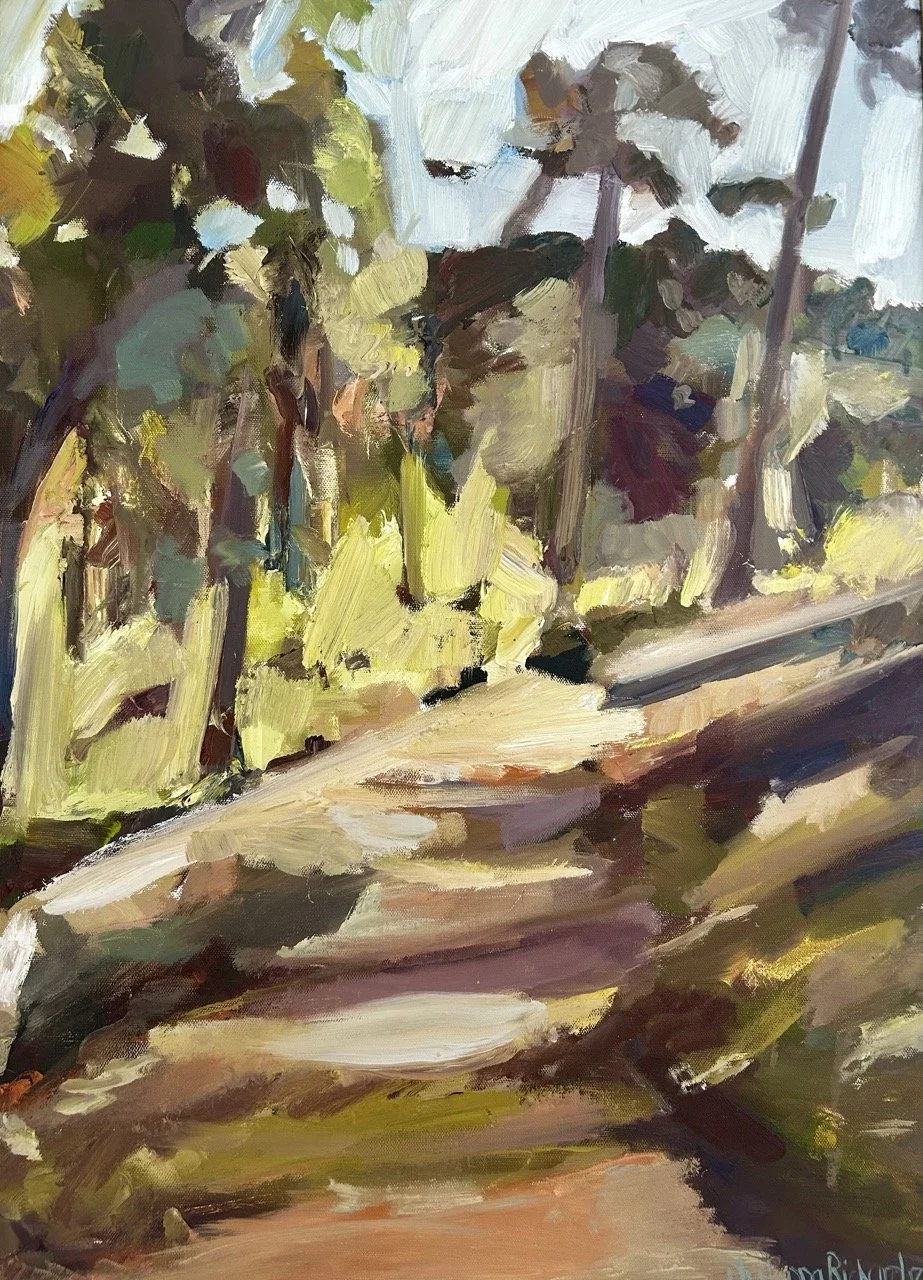 Impressionist-style painting by Philippa Richardson depicting a path surrounded by trees and greenery in Haslemere, Surrey. Coaching is journey of discovery, change and impact.