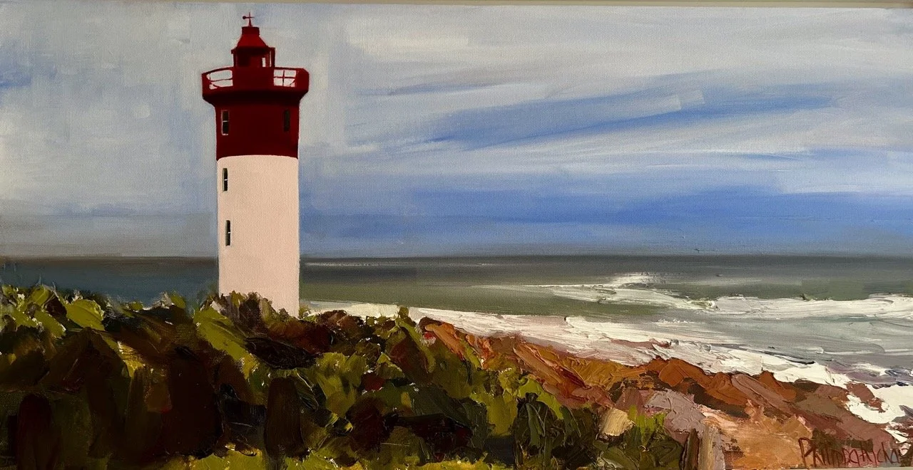 A lighthouse by Philipa Richardson on a rocky coastline with a cloudy sky and ocean waves in the background.  This image represents the perspective you get when working with Growth Alchemy as well as the safety of working with a professional coach.