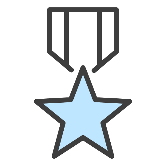 A light blue star-shaped medal hanging from a striped ribbon.