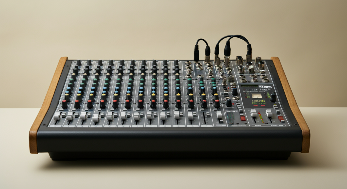 A professional audio mixing console with faders, knobs, and input/output ports on a white surface with a beige background.