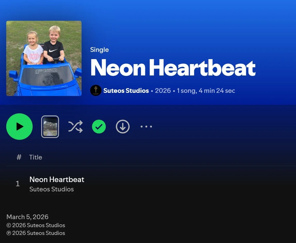 Music streaming interface showing the song 'Neon Heartbeat' by Suteos Studios, released in 2026, with a cover photo of two children sitting in a blue toy car outdoors.