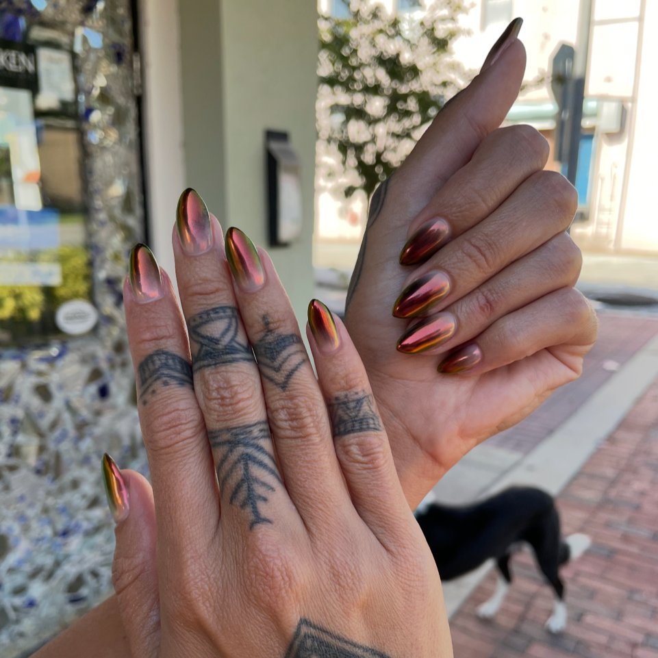 metallic, iridescent nail polish chrome ombre nail design by Salon 230 Daytona Beach
