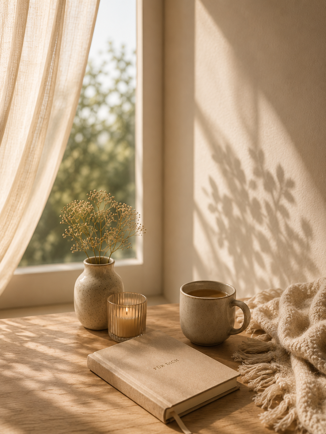 Ein Sonnendurchfluteter Tisch mit einer beigefarbenen Buch, einer Tasse Kaffee, einer kleinen Kerze und einer Vase mit getrockneten Blumen vor einem Fenster mit leichten Vorhängen, die Schatten an die Wand werfen.