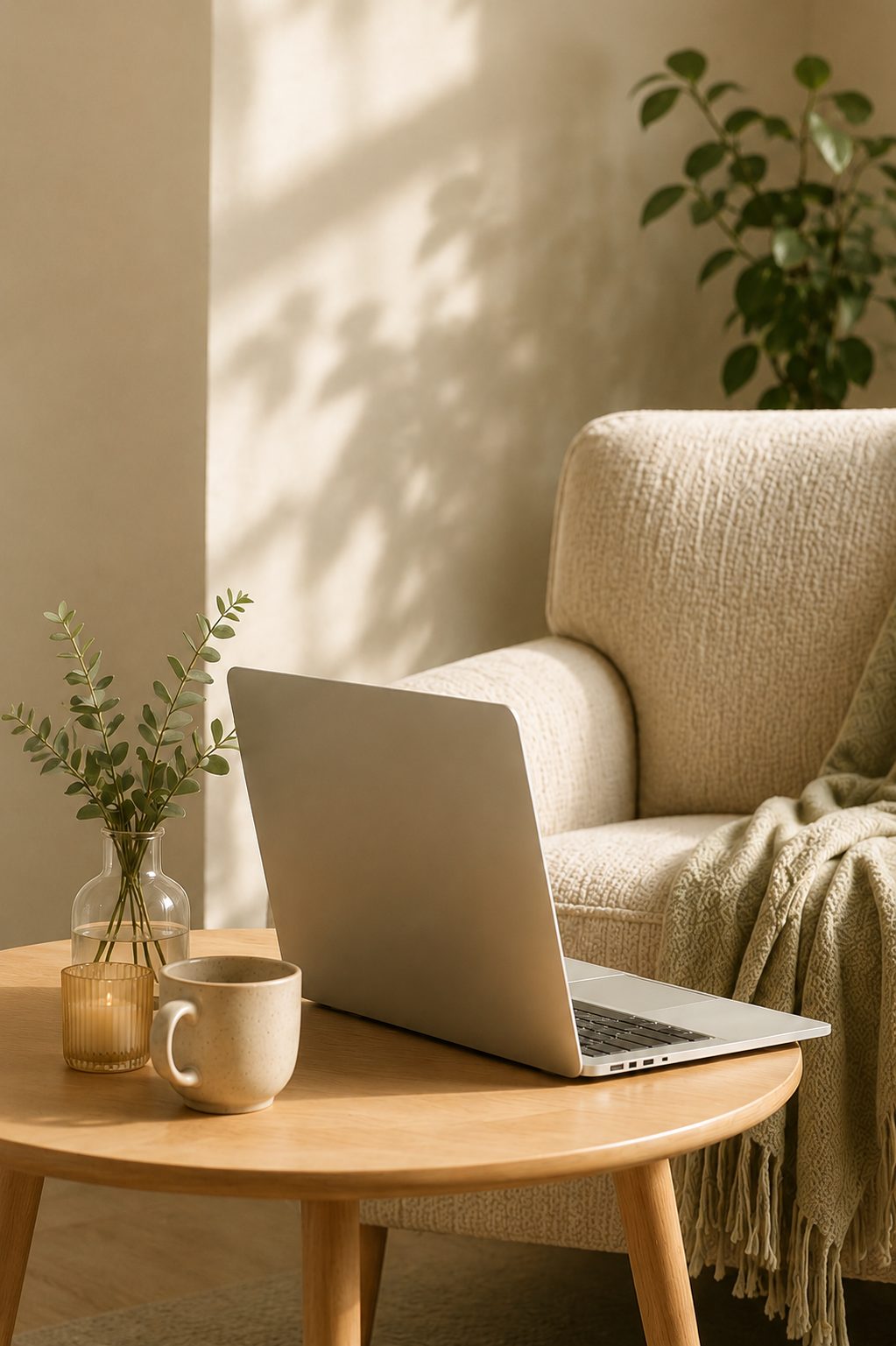 Ein gemütliches Wohnzimmer mit einem runden Holztempeltisch, auf dem ein Laptop, eine Vase mit grünen Zweigen, eine Kerze, eine Tasse und eine Decke stehen. Im Hintergrund ein beige Couch und eine Pflanze.