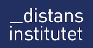 Logotyp för Distansinstitutet med blå bakgrund och vitt text