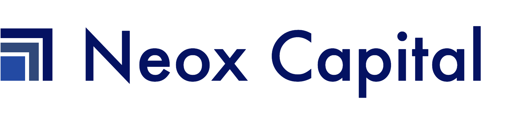 Logotyp för Neox Capital med en blå kvadratisk symbol och företagsnamnet i mörkblå text.