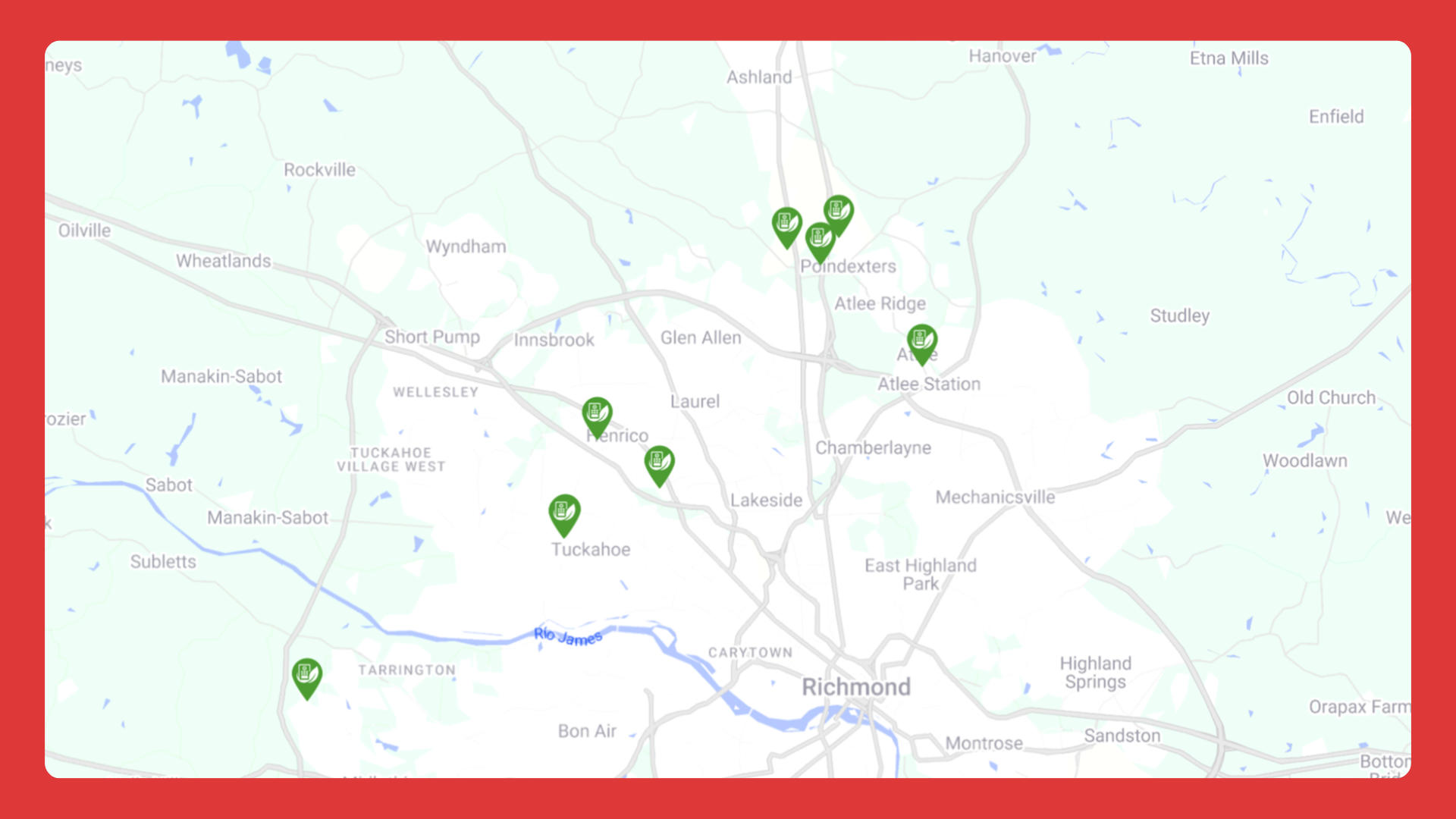 Map of the Richmond, Virginia area with green markers indicating locations of charging stations. vending services near me