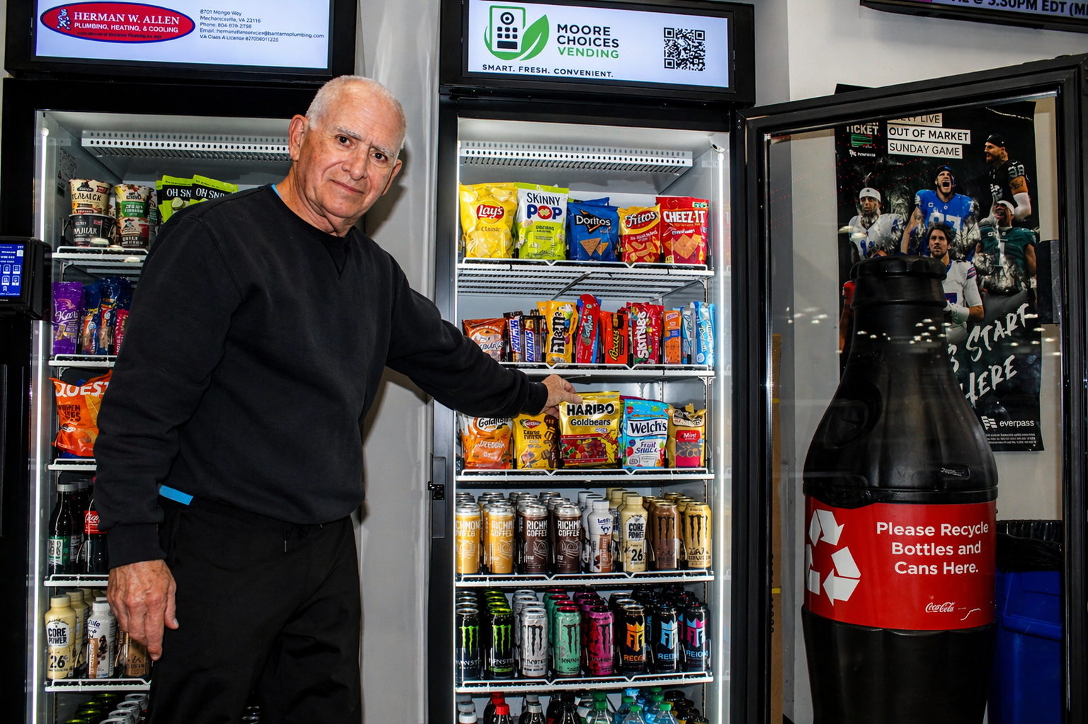An older man in a black sweatshirt and pants standing next to a snack vending machine filled with chips, chocolate bars, and canned drinks. He is reaching out to pick a bag of Haribo Goldbears gummies from the middle shelf. In the background, there is a Coca-Cola recycling bin and part of a poster with football players.