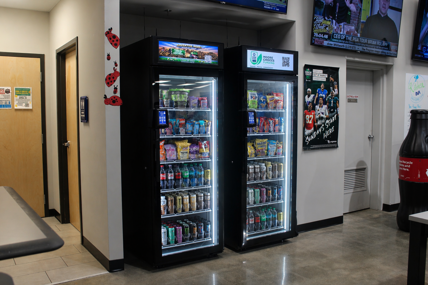 Two vending machines stocked with snacks and beverages, in an indoor setting with a wall decorated with ladybug decals, and television screens mounted above.