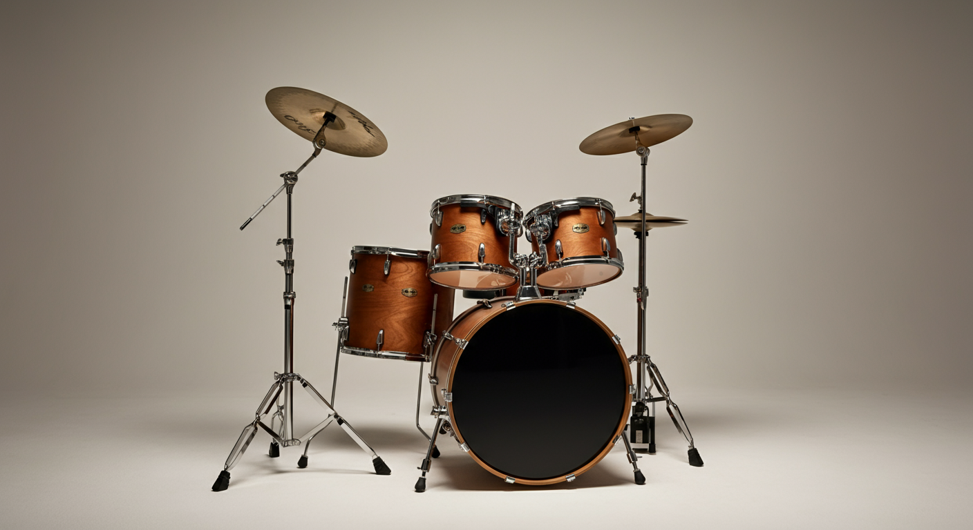 A set of orange-brown drum kit with cymbals on stands against a plain backdrop.