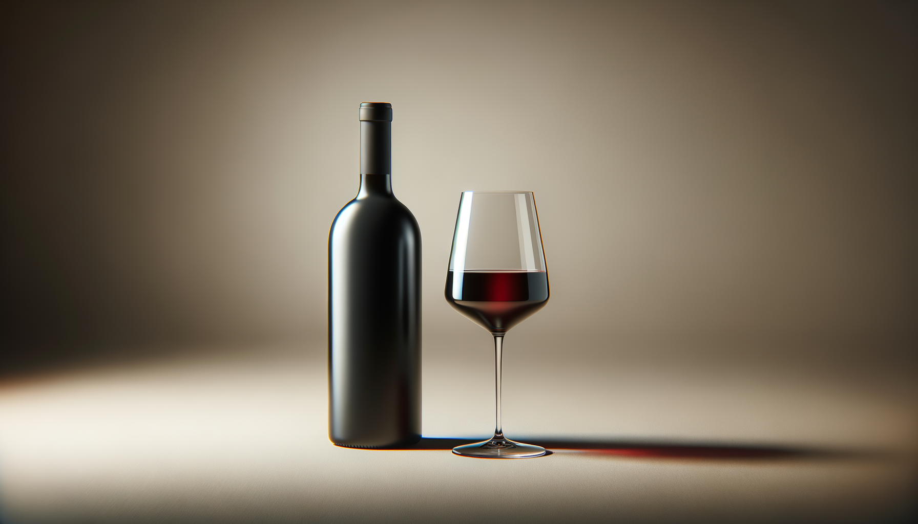 Eine Flasche Rotwein neben einem Weinglas mit Rotwein auf einem neutralen Hintergrund.