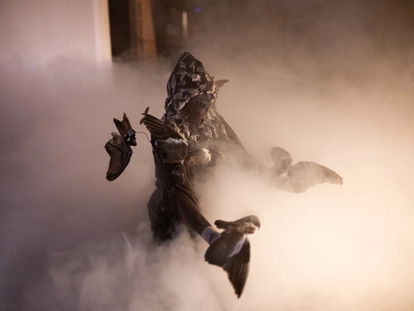 Person wearing camouflage clothing surrounded by fog or smoke, holding a large bird by its talons at night.