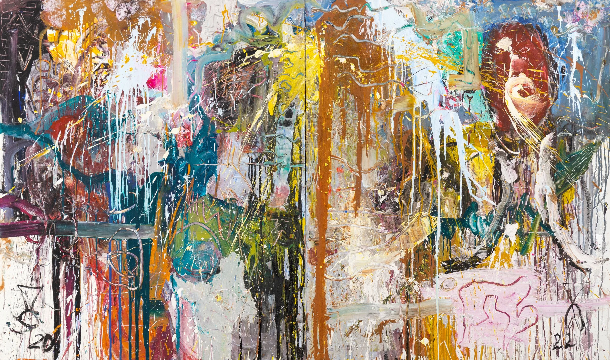 Abstract colorful painting with splashes of white, yellow, pink, blue, black, brown, and green paint, featuring various shapes and lines.