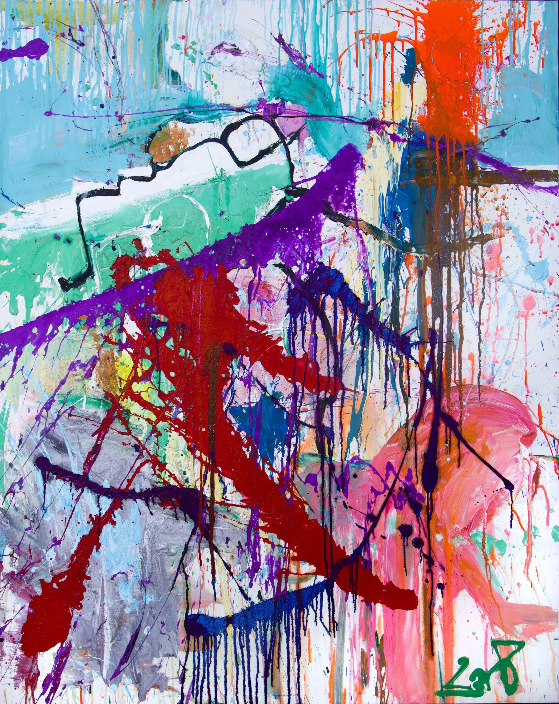 An abstract expressionist painting with vibrant splashes of color, including purple, red, pink, blue, green, orange, and black, with various drips and bold strokes.