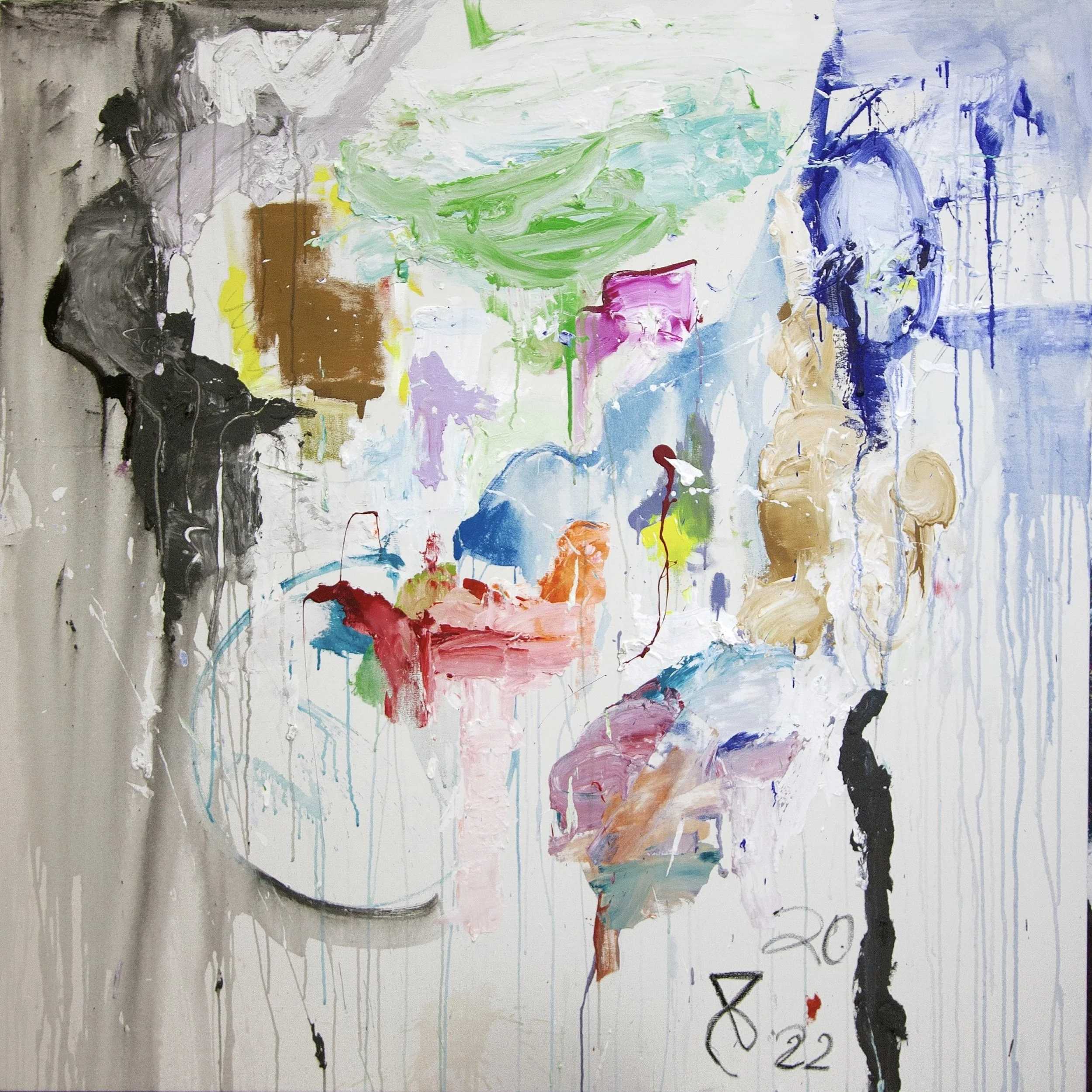 Abstract painting with splashes of various colors including green, blue, pink, red, purple, yellow, black, and beige. The paint appears to drip and blend on a white background.