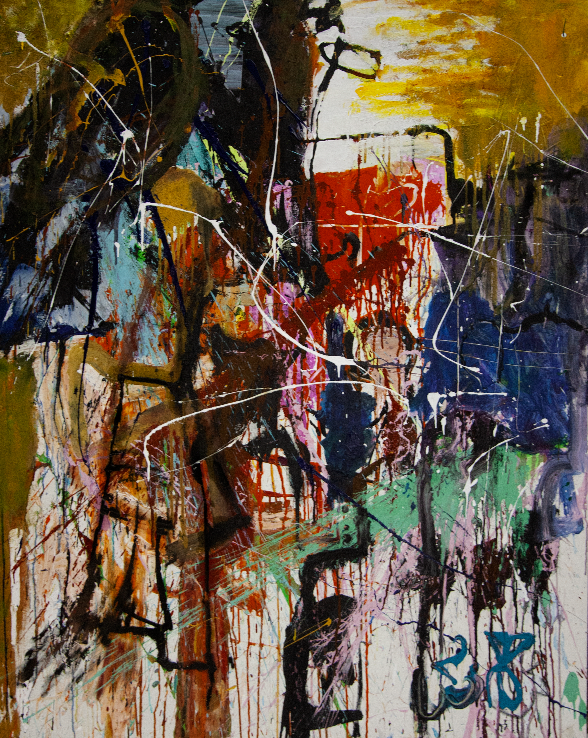 Abstract painting with bold splashes of black, white, blue, red, yellow, purple, and green paint, with drips and streaks creating a chaotic and expressive composition.