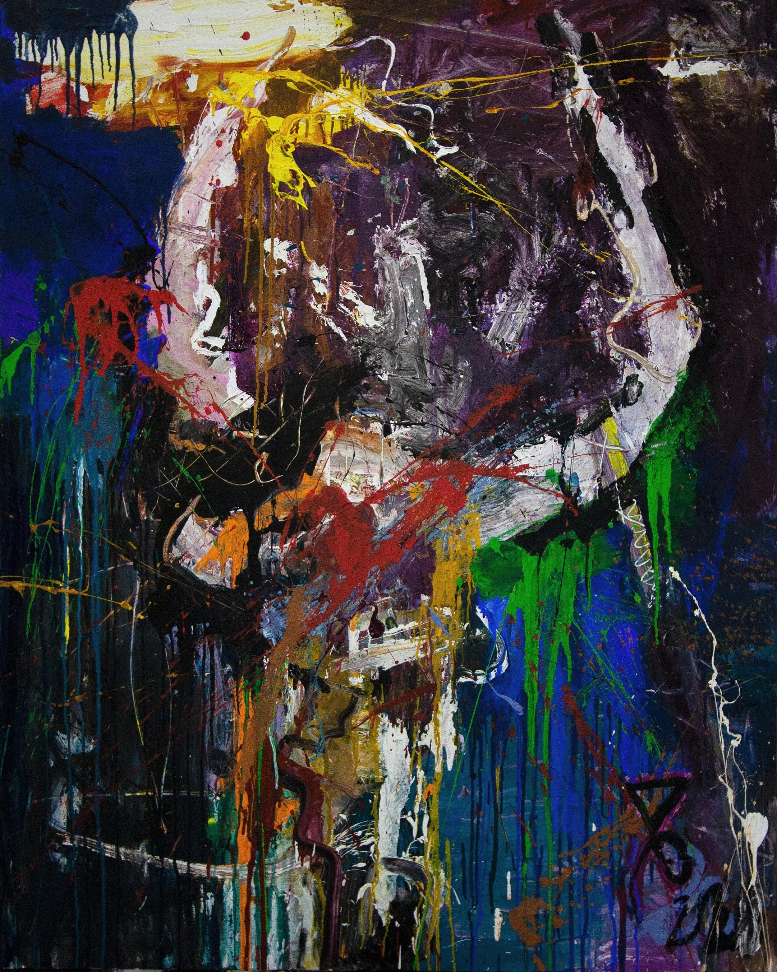 Abstract painting featuring vibrant splashes of paint in colors like yellow, red, green, blue, black, and purple, with dynamic drips and bold strokes creating a chaotic, energetic composition.