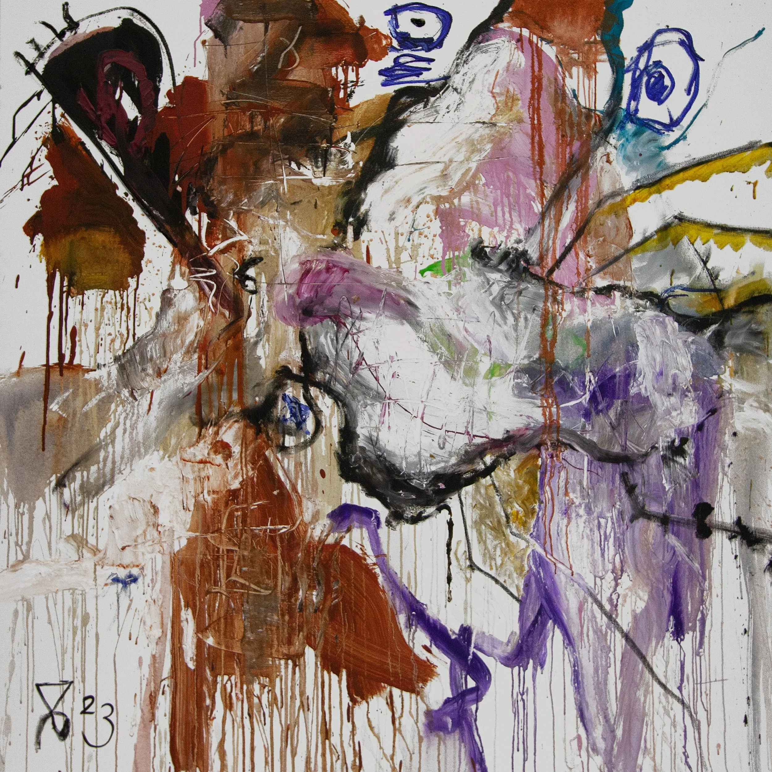 Abstract painting with expressive brushstrokes and drips, featuring a mix of colors including black, white, purple, orange, yellow, green, blue, and pink.