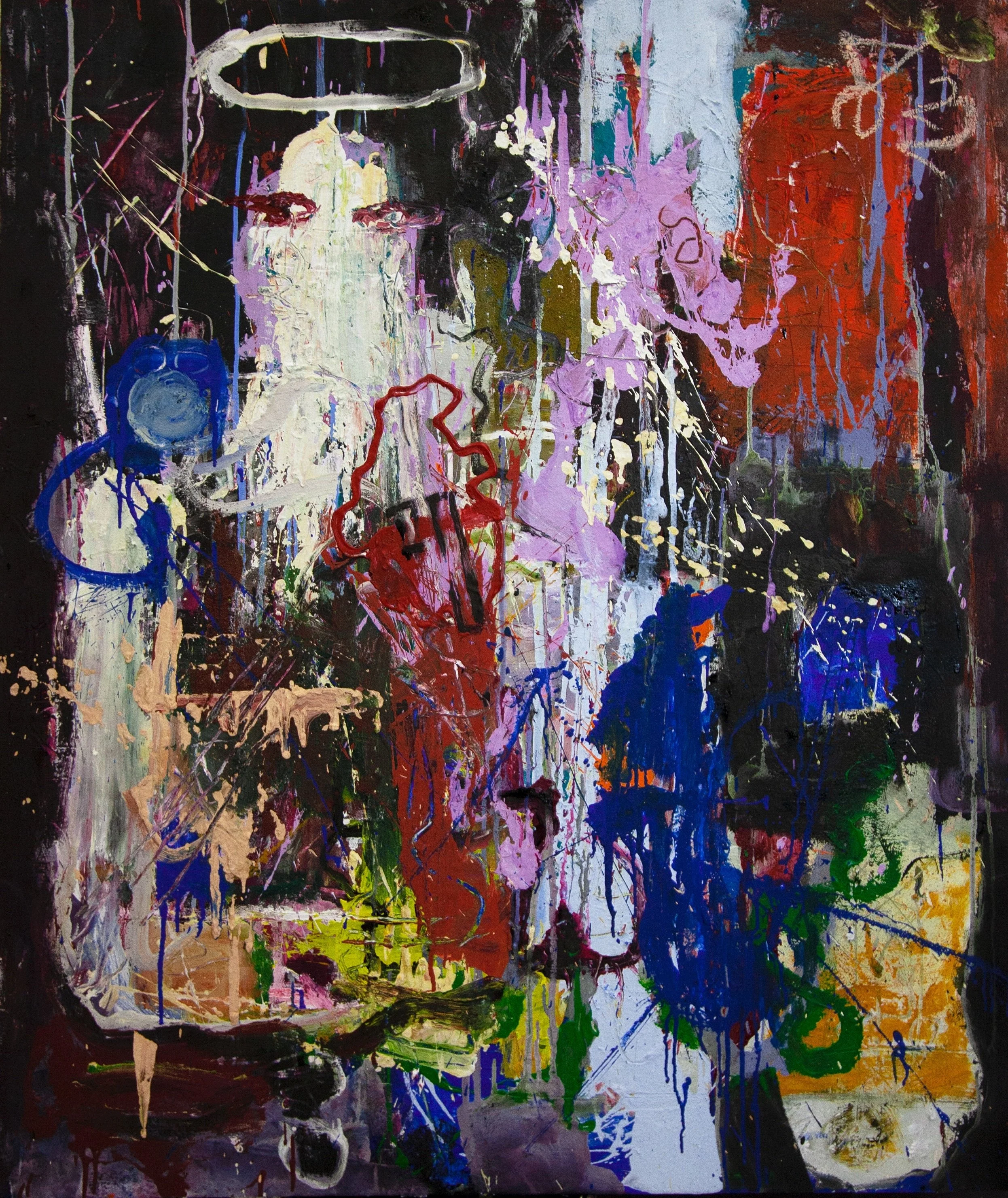 Abstract painting with vibrant colors including white, black, purple, red, blue, green, and orange, with drips, splashes, and bold strokes.