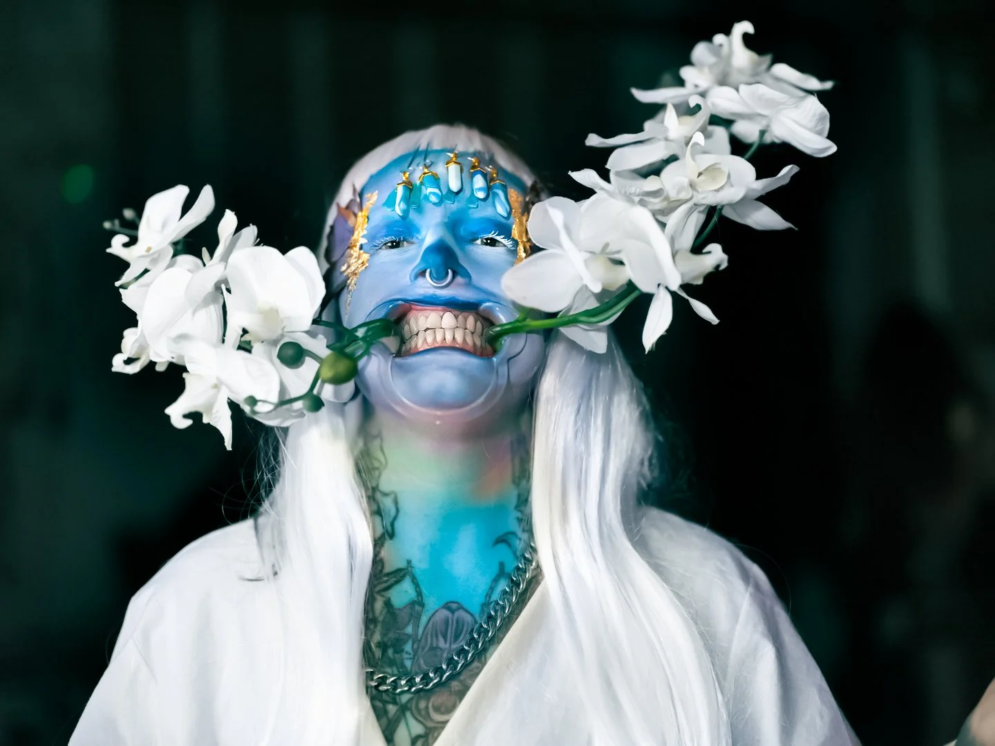 Person with blue face paint holding white flowers in their mouth, with white hair, tattoos, and jewelry, against a dark background.