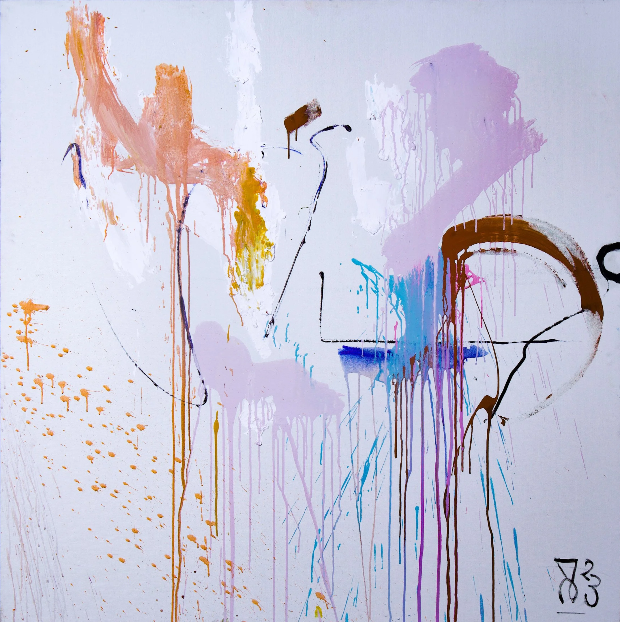 Abstract painting with splashes of orange, yellow, purple, blue, and black paint on a white background, featuring drips and scattered dots.