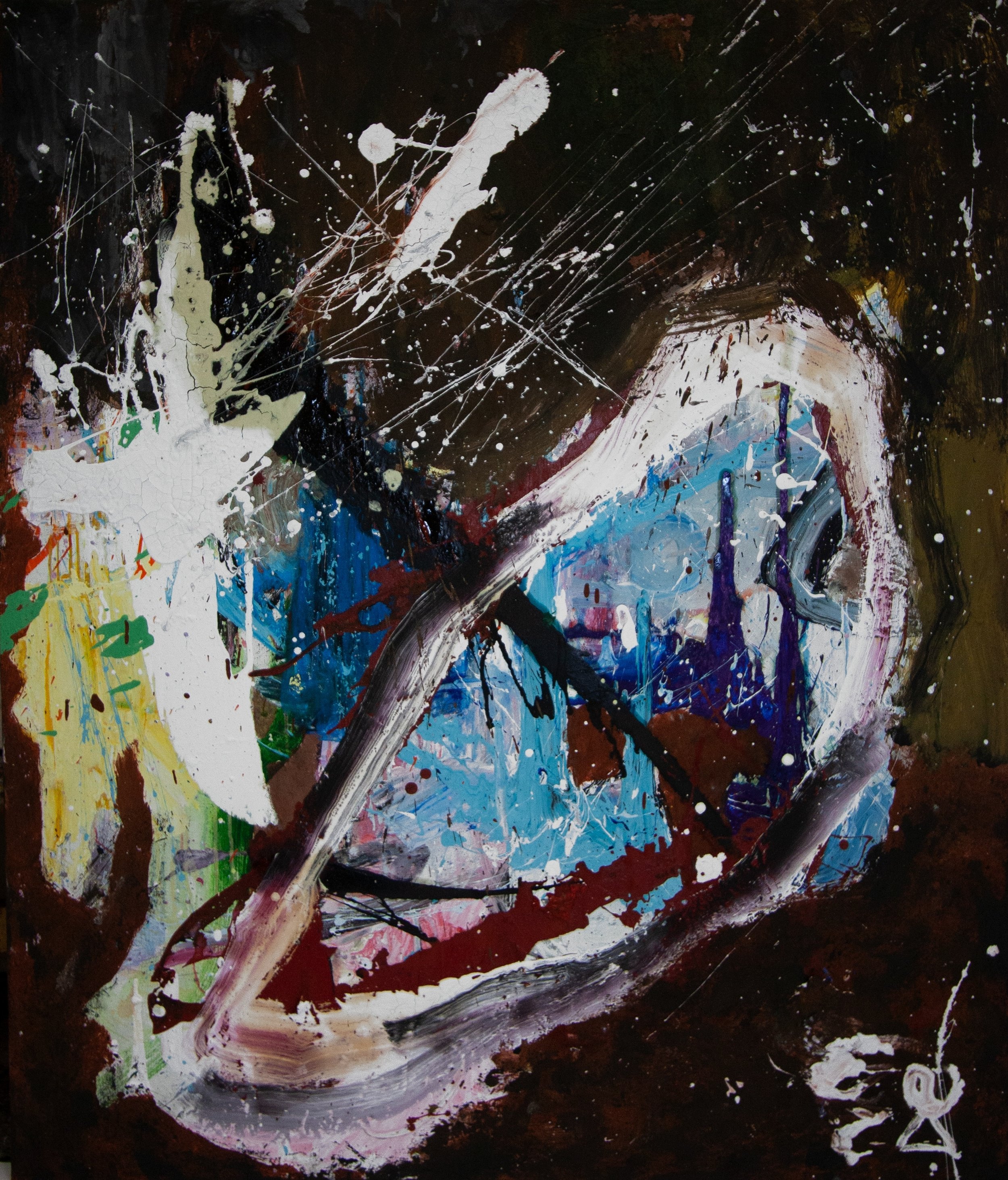 Abstract painting with bold brush strokes and splatters of white, black, blue, yellow, red, and brown paint.