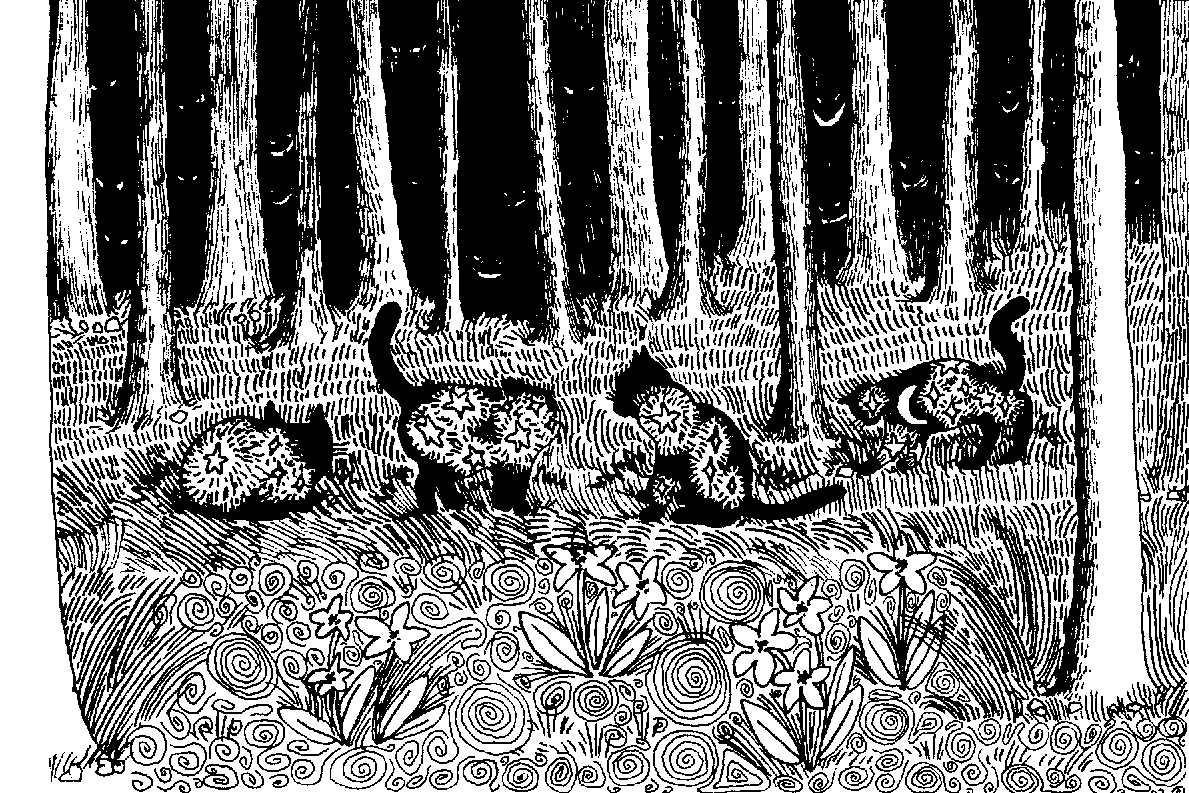 Four cats with spotted fur playing and exploring in a forest with trees and flowers.
