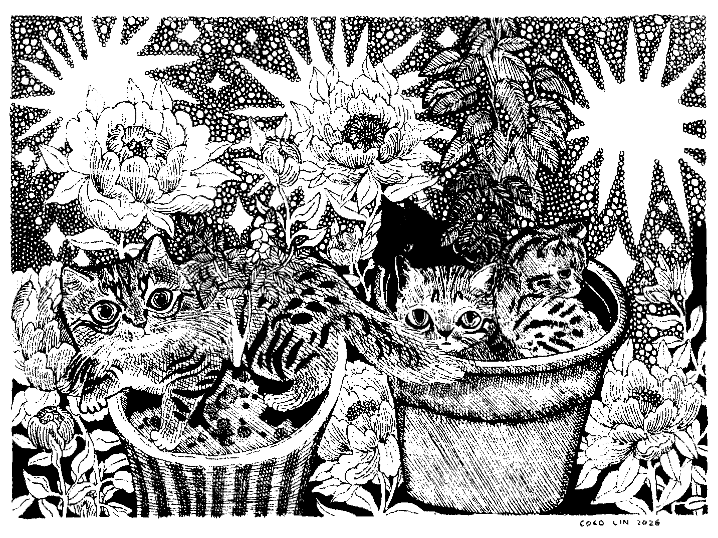 Black and white drawing of three cats in flower pots surrounded by a lush garden with flowers and leaves.