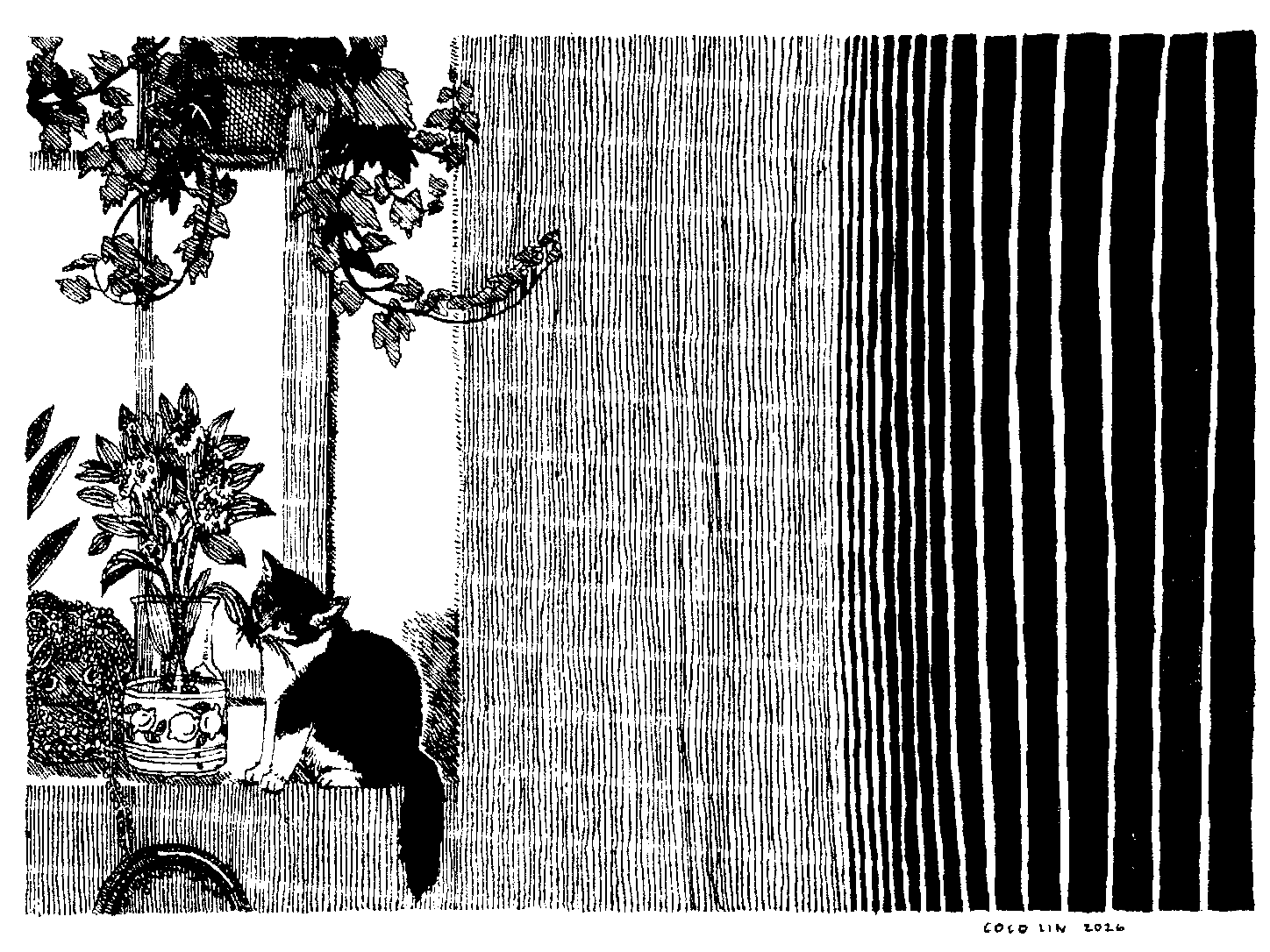 Black and white illustration of a cat sitting on a wooden table next to plants in pot.