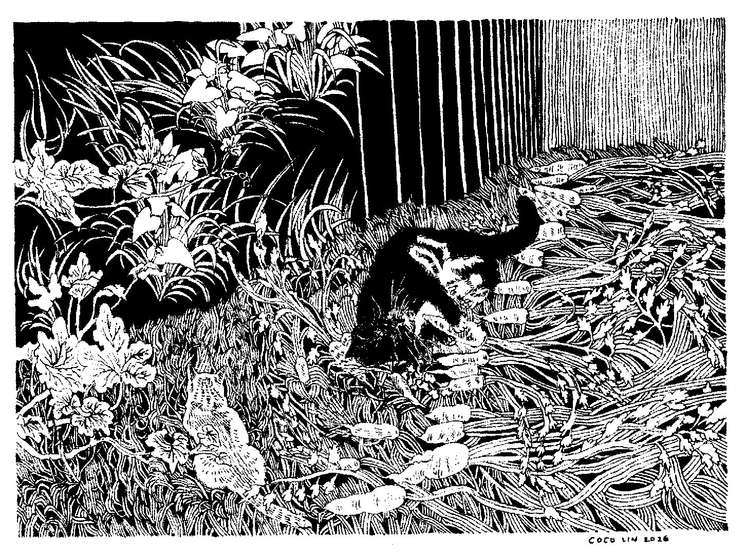 Black and white drawing of a garden scene featuring two cats among various plants, flowers, and tall grasses.