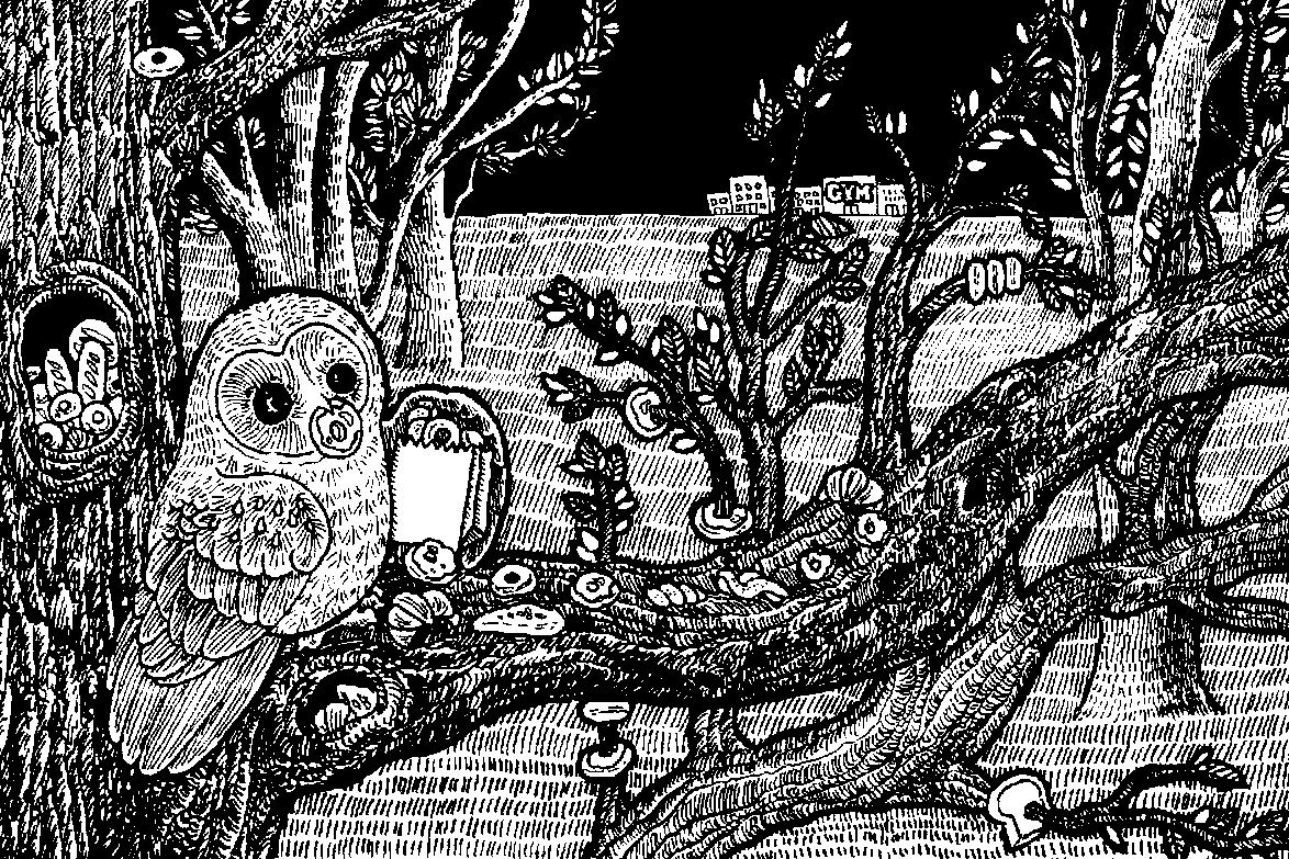 Black and white illustration of an owl sitting on a tree branch with a donut. There are trees, a nest with eggs, and background elements including a house, a gym, and the word "Gym".