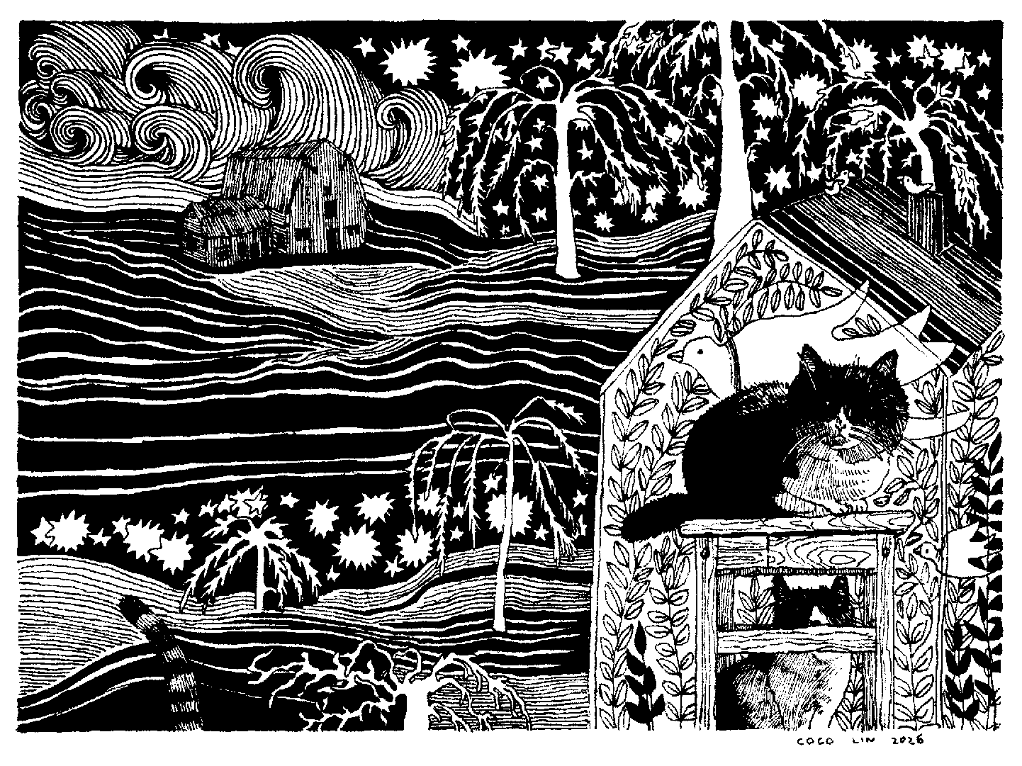 Black and white illustration of a rural landscape featuring a small house, trees, stars, and a cat resting on a wooden structure surrounded by leafy plants.