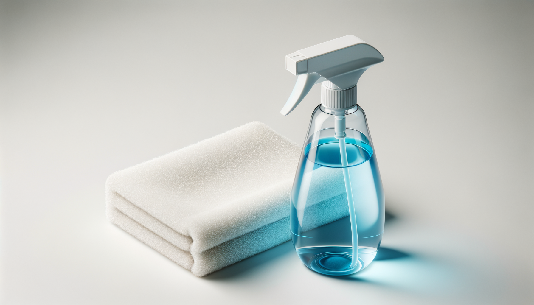 A spray bottle filled with blue liquid cleaner, a white cleaning sponge, and a folded white cloth on a light gray surface.