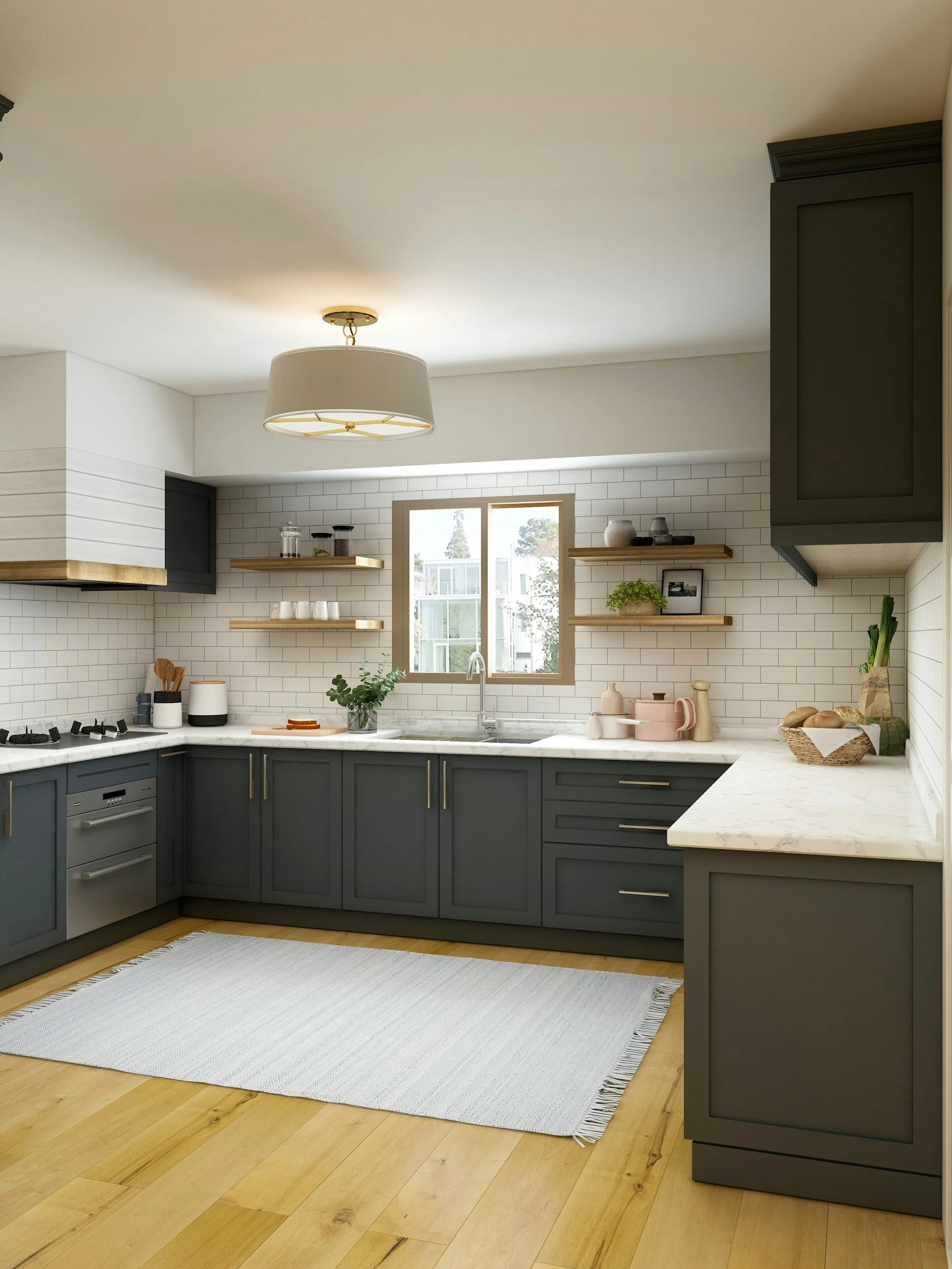 Modern kitchen with white subway tile backsplash, dark gray cabinets, wooden open shelves, marble countertops, a window above the sink, and a white ceiling light fixture.