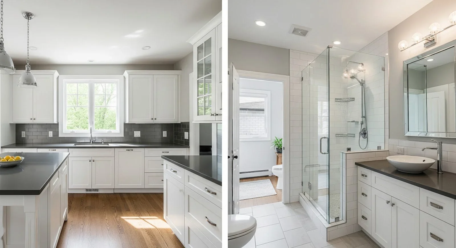 Side-by-side comparison of a kitchen and a bathroom with white cabinets, gray countertops, and modern fixtures.