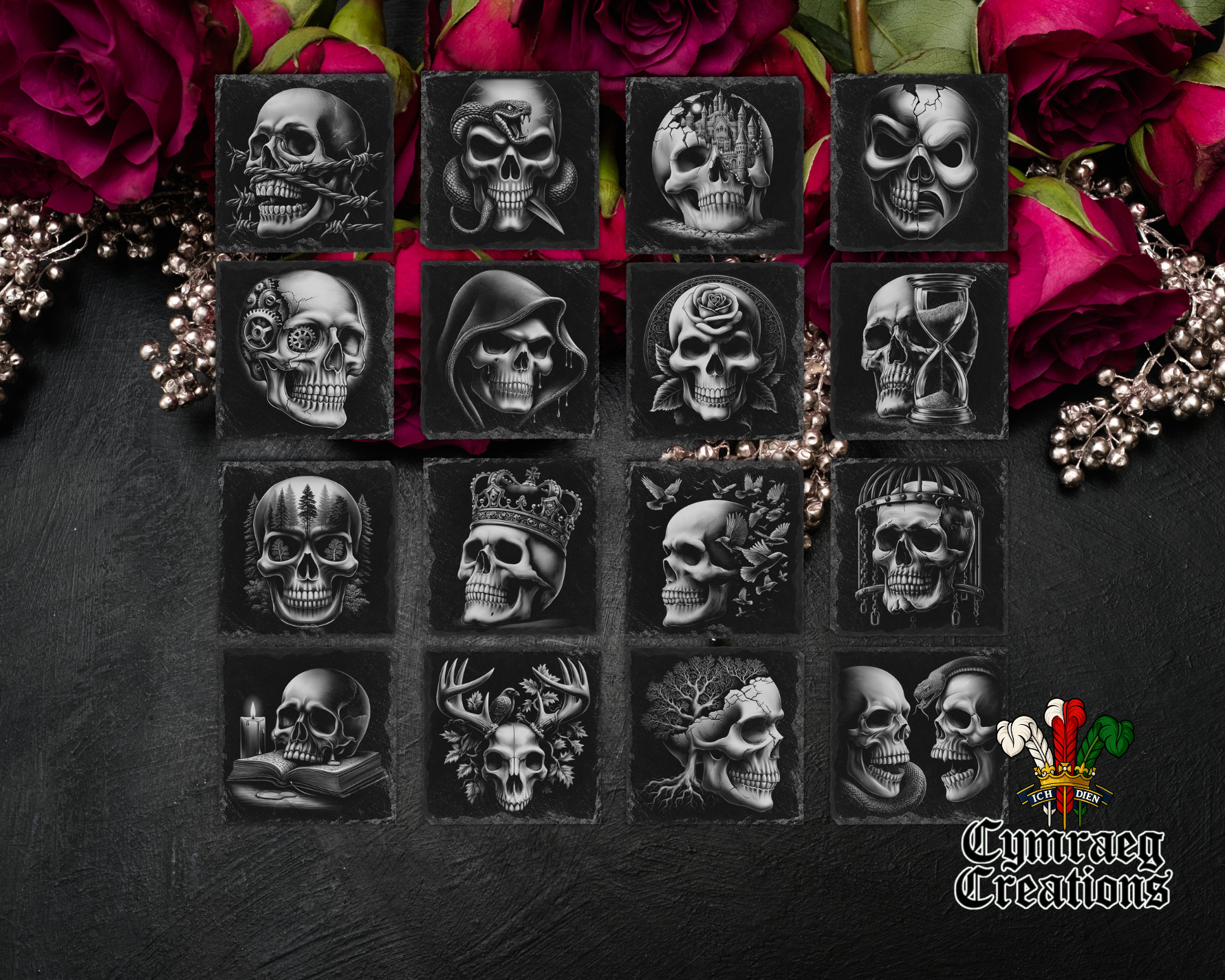 Skulls Engraved Slate Coaster
