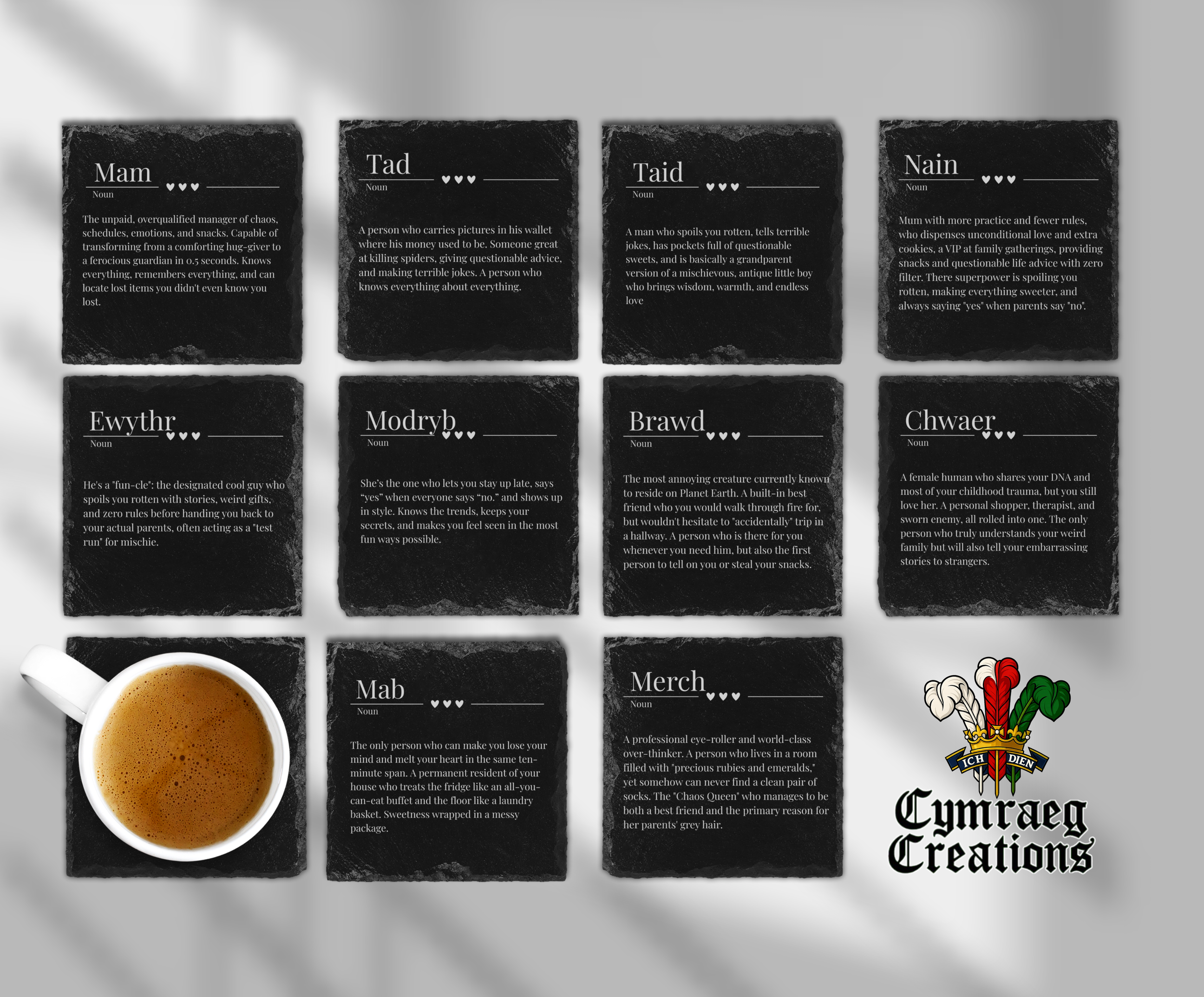 Welsh Family Definition Engraved Slate Coasters