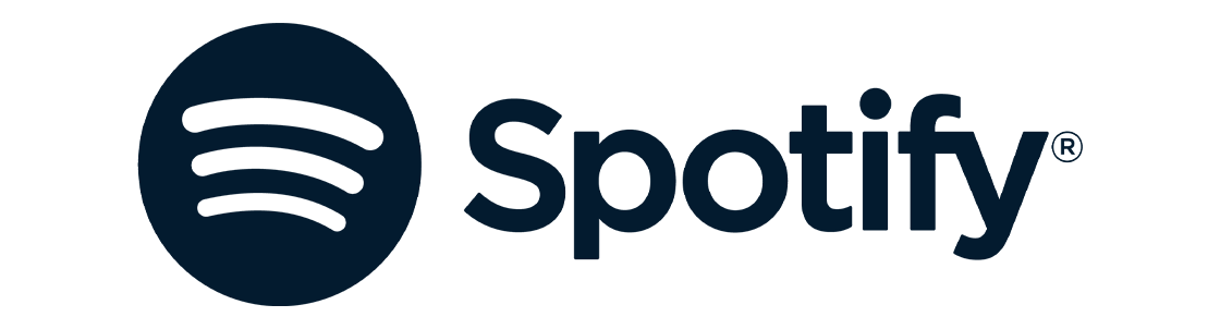Spotify logo with a dark blue circle and three curved lines, followed by the word 'Spotify' in dark blue text.