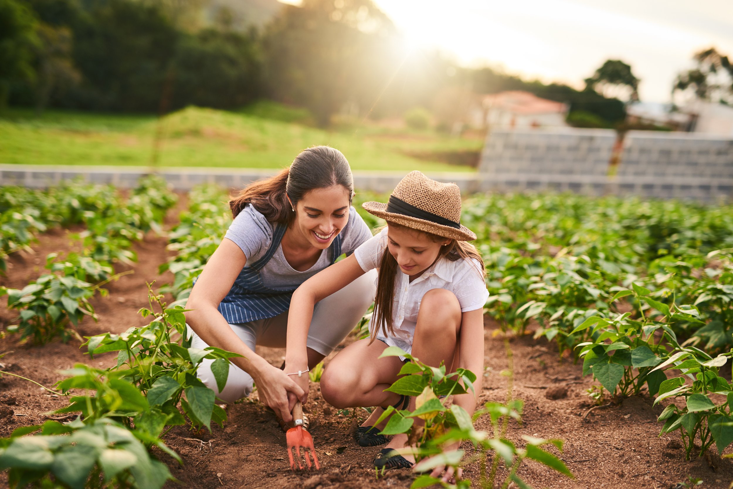 A woman and a young girl are working together in a garden, planting crops. The woman has dark hair and is smiling, while the girl is wearing a straw hat and is focused on planting. The sun is shining brightly in the background.