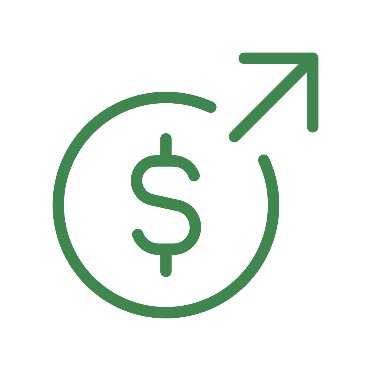 A green dollar sign inside a circle with an upward arrow, symbolizing financial growth or increased profits.