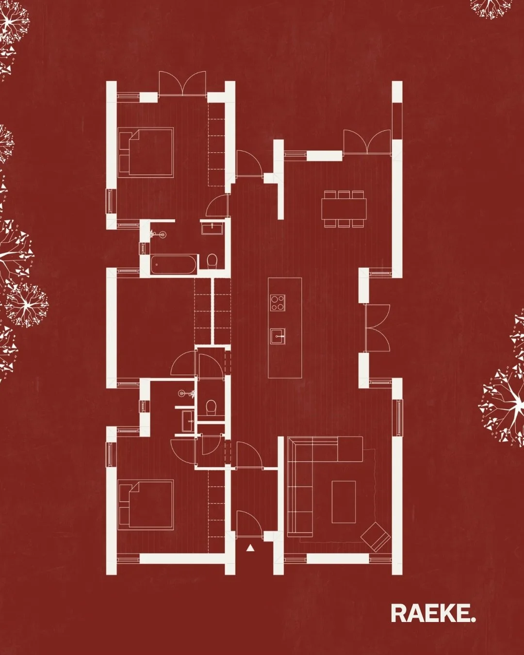 Paviljoenwoning door RAEKE.

Lange zichtlijnen die de ruimtes met elkaar en met buiten verbinden.

#raeke #design #floorplan #archviz #bungalow
