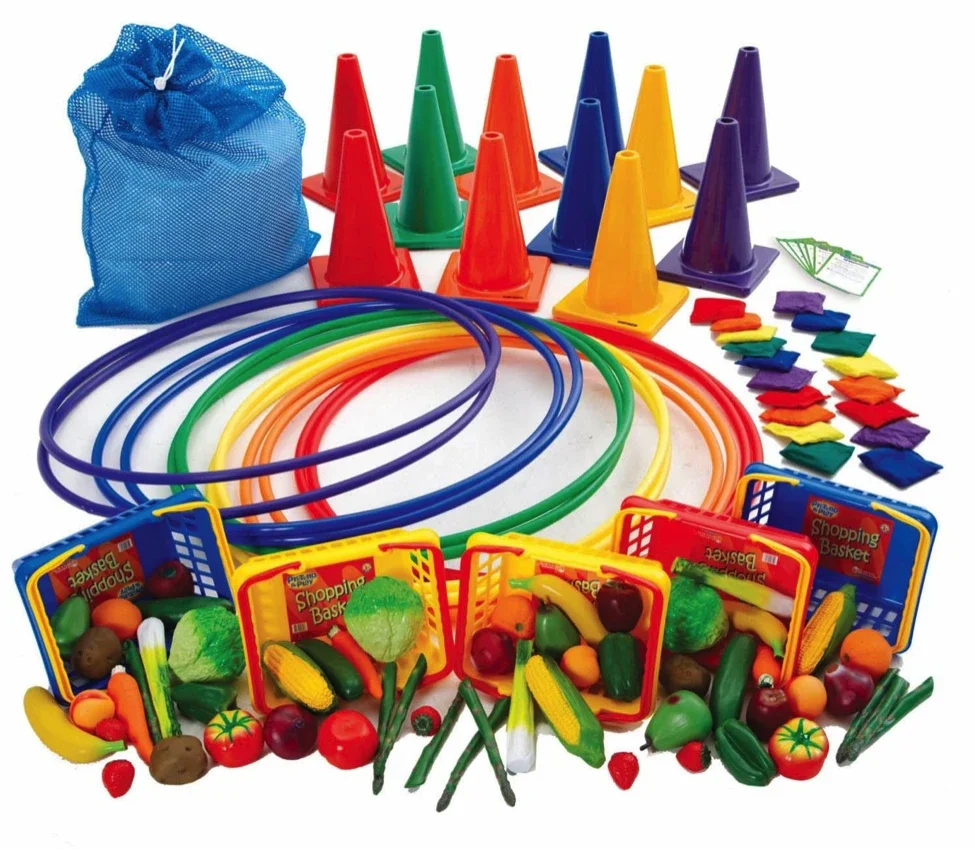 Product photo of colorful toys including hula hoops, cones, bean bags, and veggie toys