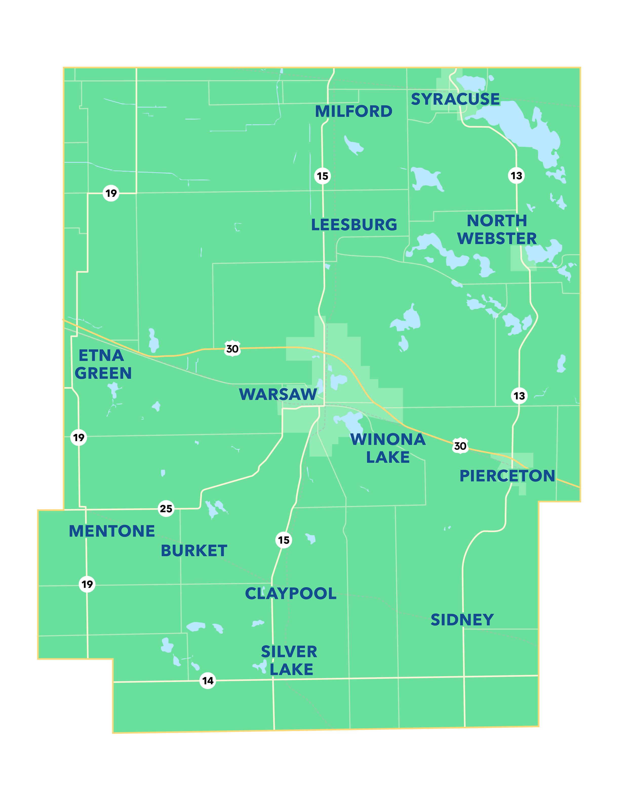 Regional map of Kosciusko County, IN