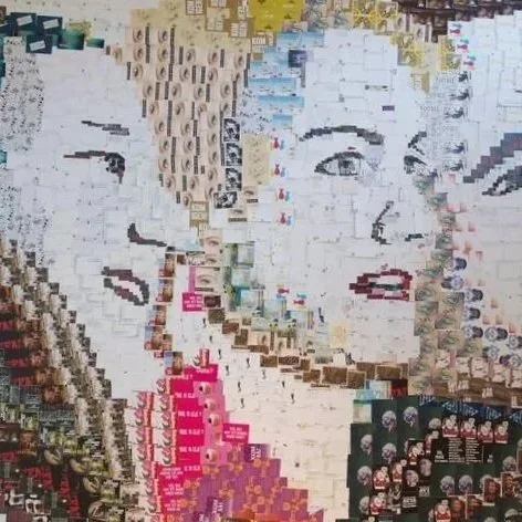 A mosaic portrait of a woman, made from various smaller images including magazine covers and photographs.