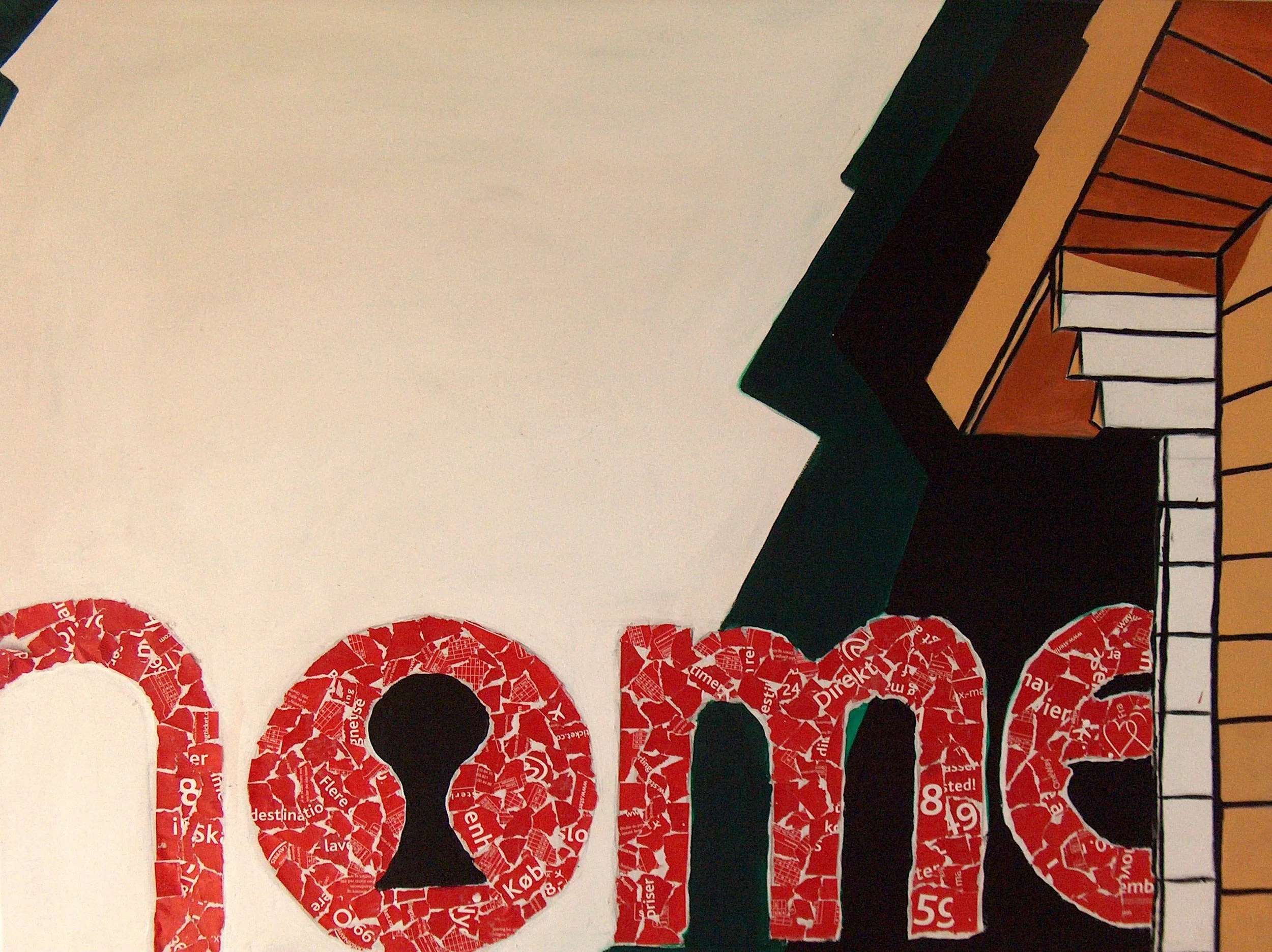 The image contains the word 'LOVE' made out of red heart-shaped collage pieces with white text, set against a white background with a partial colorful structure at the top right corner.