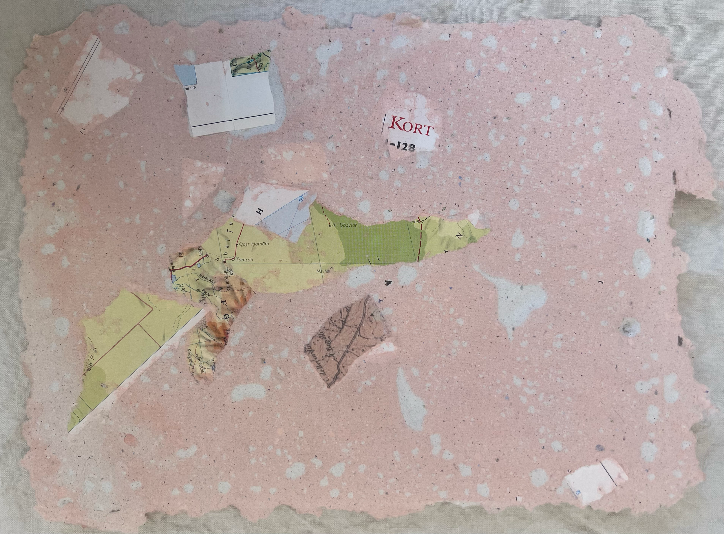 Pieces of torn paper and cardboard on a speckled pink background, with some visible text and partial maps on the pieces.