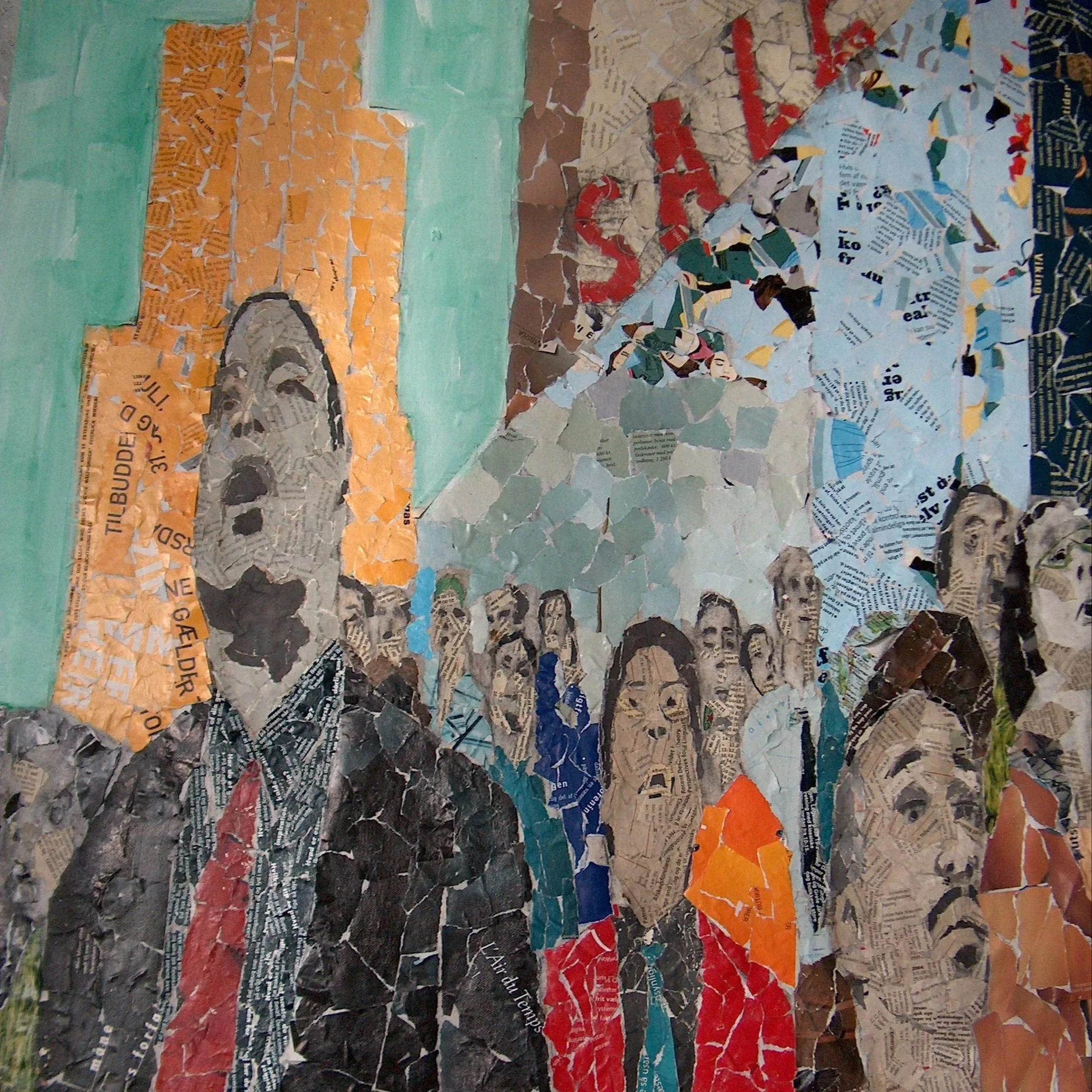 Collage of torn newspaper and magazine paper arranged in vertical stripes with varying colors, textures, and text. The colors include shades of green, orange, brown, black, and white.