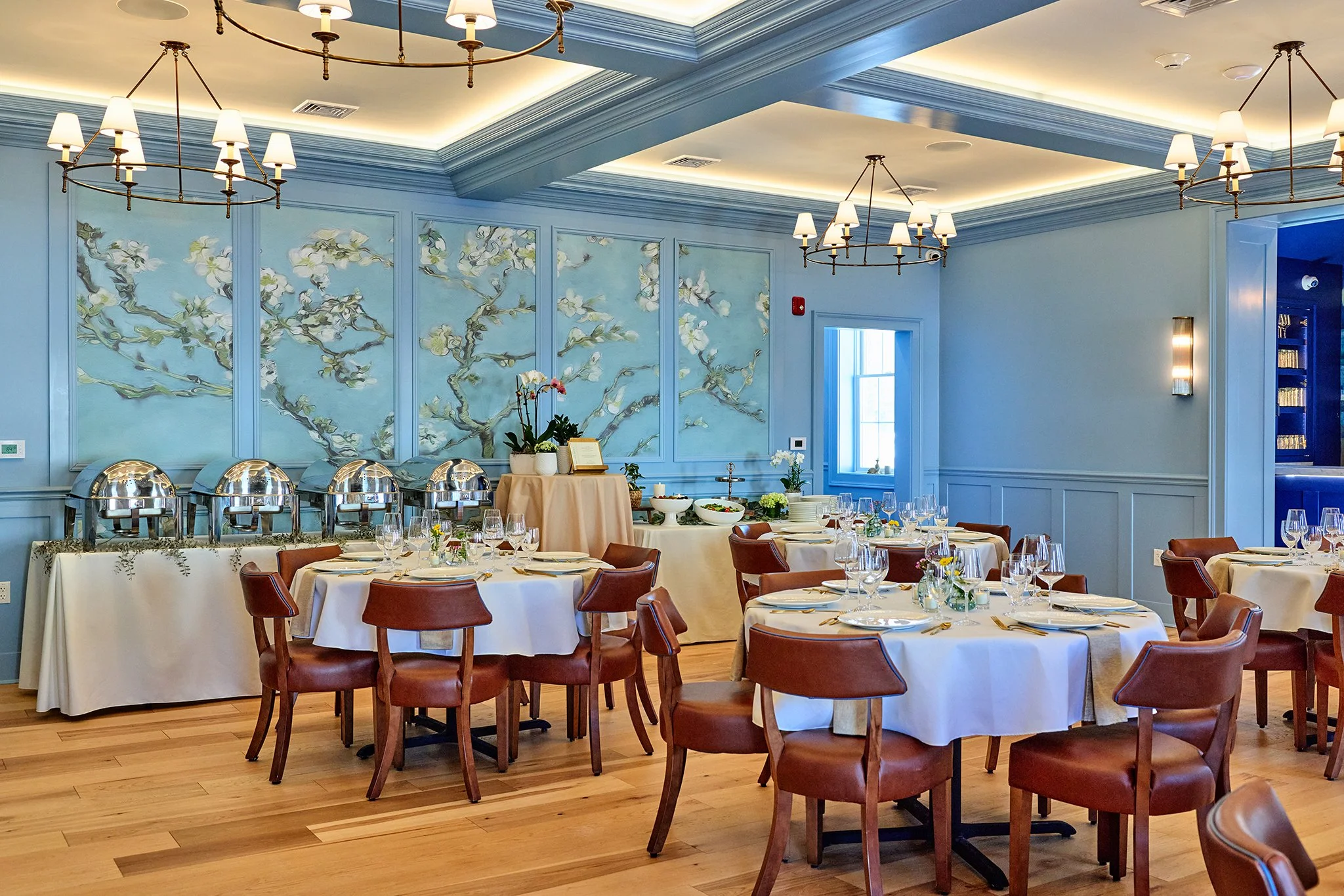 The Blue Room Almond Blossom Wall with Buffet Tables